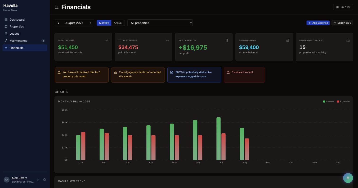 Havella financials with income and expense totals over a transaction ledger