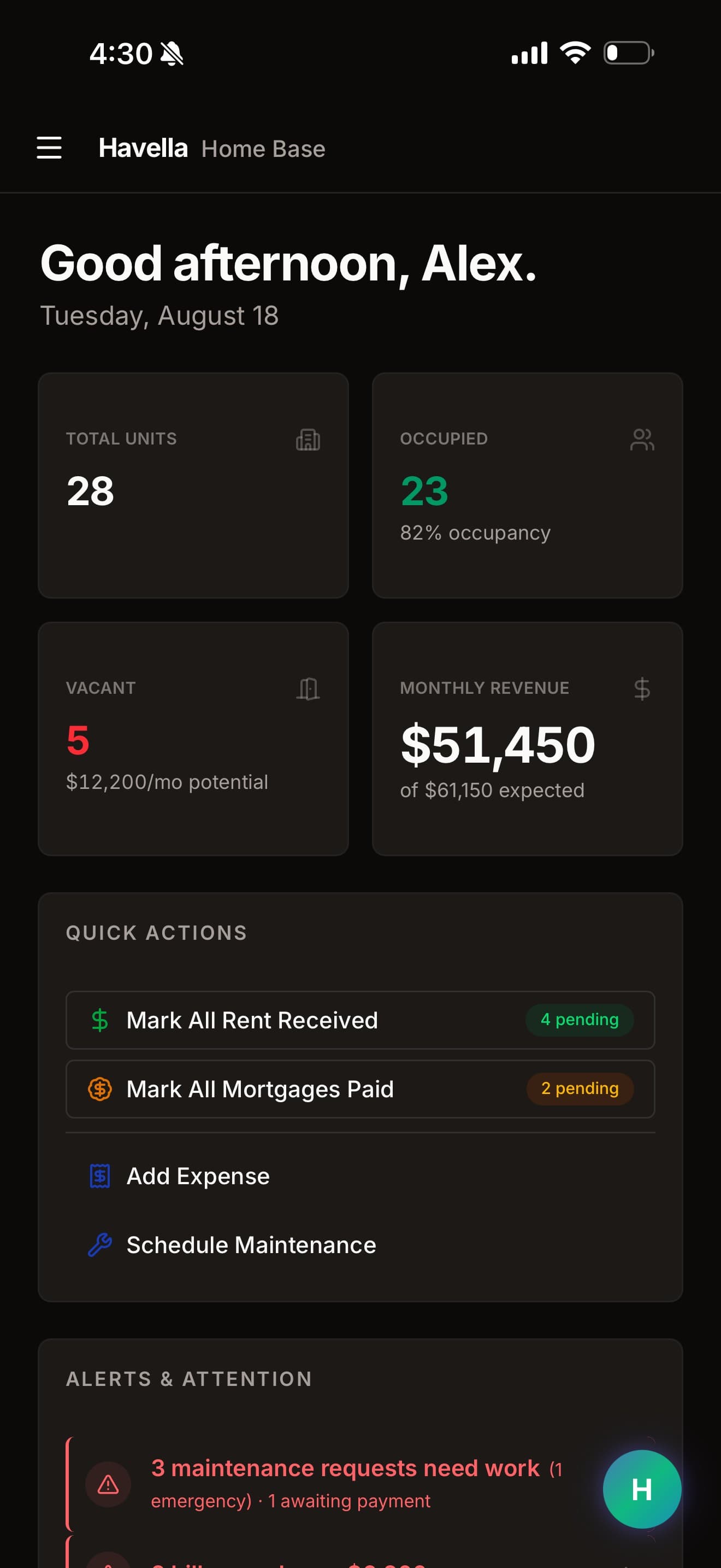 The same dashboard on a phone, showing occupancy and monthly revenue