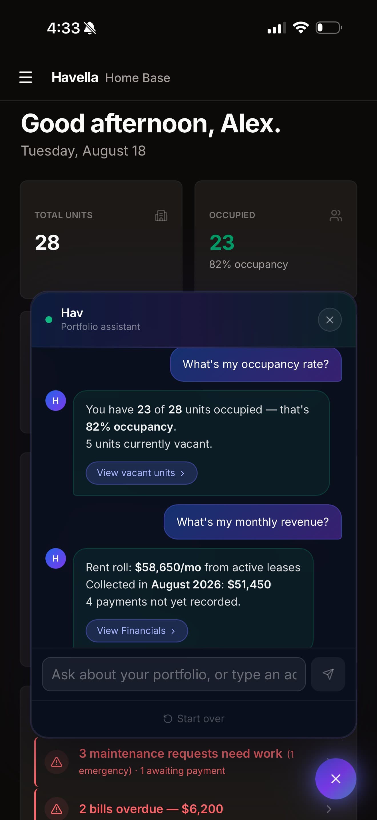 Asking Hav about occupancy and monthly revenue on a phone, with answers drawn from the portfolio